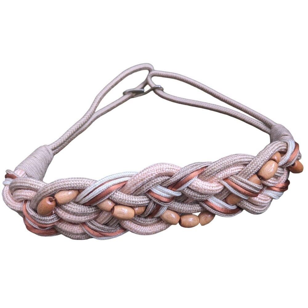 80s Macrame Belt Stretch 30-32" Earth Tones Satin Rope Wooden Beads VTG Boho